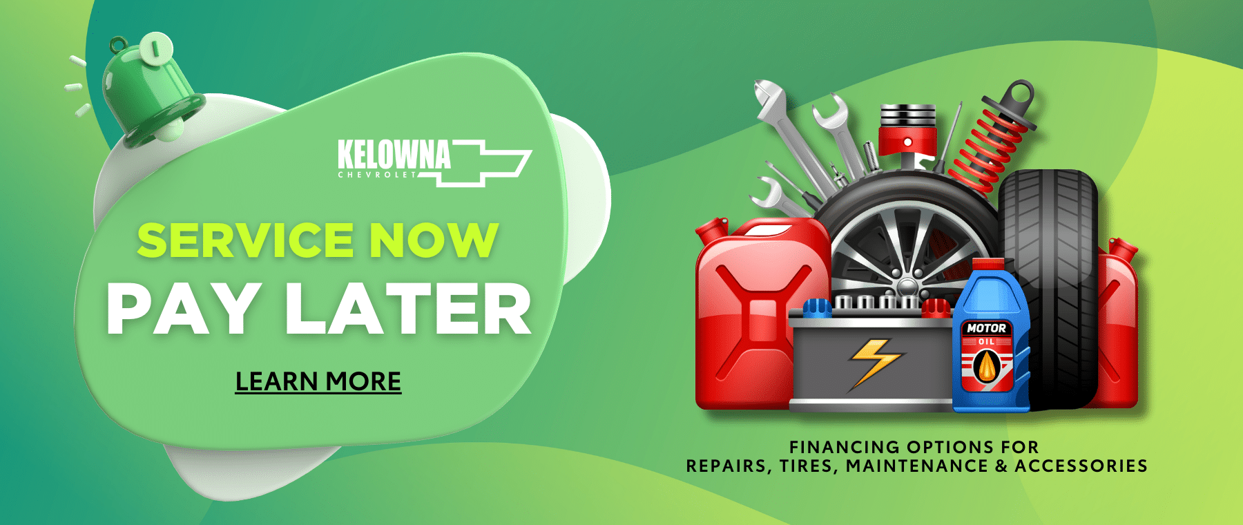 Illustration promoting Kelowna Chevrolet's financing options for car repairs, tires, maintenance, and accessories, featuring various automotive supplies and tools with a vibrant green background.