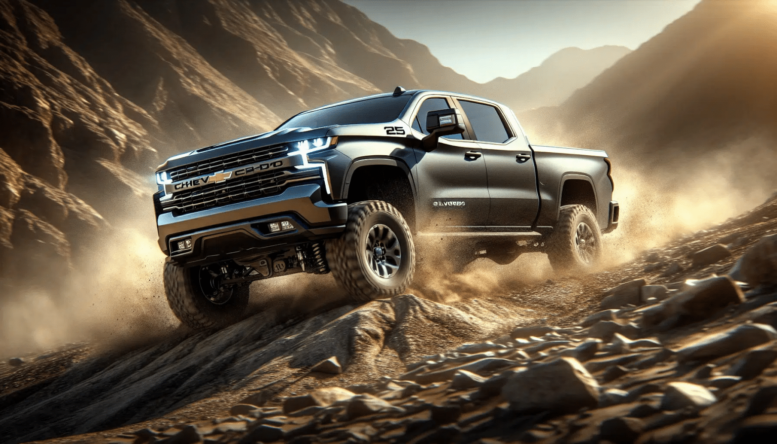 A powerful Chevrolet truck navigating rocky terrain, showcasing its rugged design and off-road capabilities in a mountainous landscape. Dust and dirt kick up around the vehicle, emphasizing its performance in challenging environments.