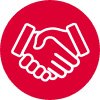 Handshake icon representing partnership and collaboration in business, enclosed in a red circle.