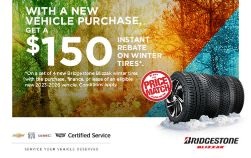 Promotional graphic highlighting a no-charge brake inspection offer, featuring GM genuine parts brake pads and rotors, and offering up to $120 instant savings, with a price match guarantee. The image includes "Schedule Service" button and branding for Chevrolet and GMC Certified Service.