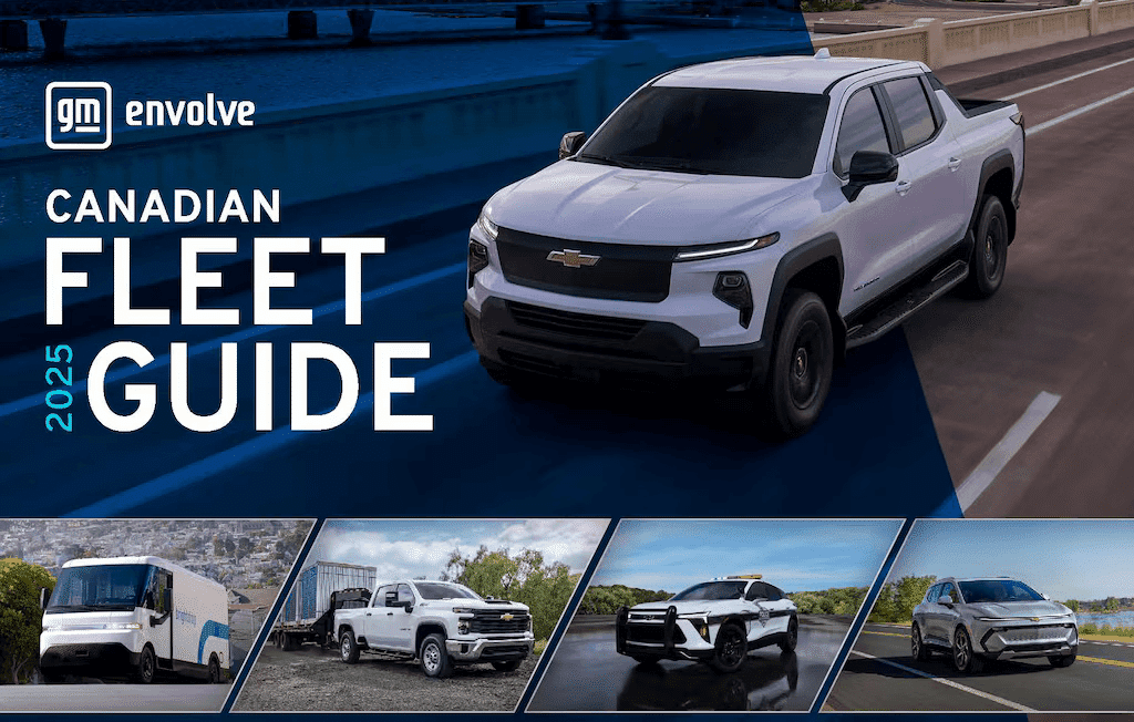 2025 Canadian Fleet Guide cover showcasing a Chevrolet electric truck on a highway, with additional images of delivery vans, a pickup truck, and various Chevrolet vehicles designed for fleet use.