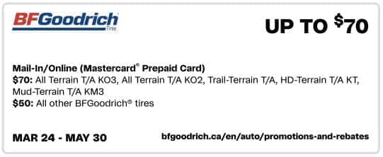 Bridgestone tire promotion offering up to $150 on select models, including WeatherPeak™, Alenza™, Dueler™, DriveGuard™, Ecopia™, Potenza™, and Turanza™. Valid online only with installation at participating dealers. Offer period: March 10 to May 31. Visit bridgestonerewards.com for details.
