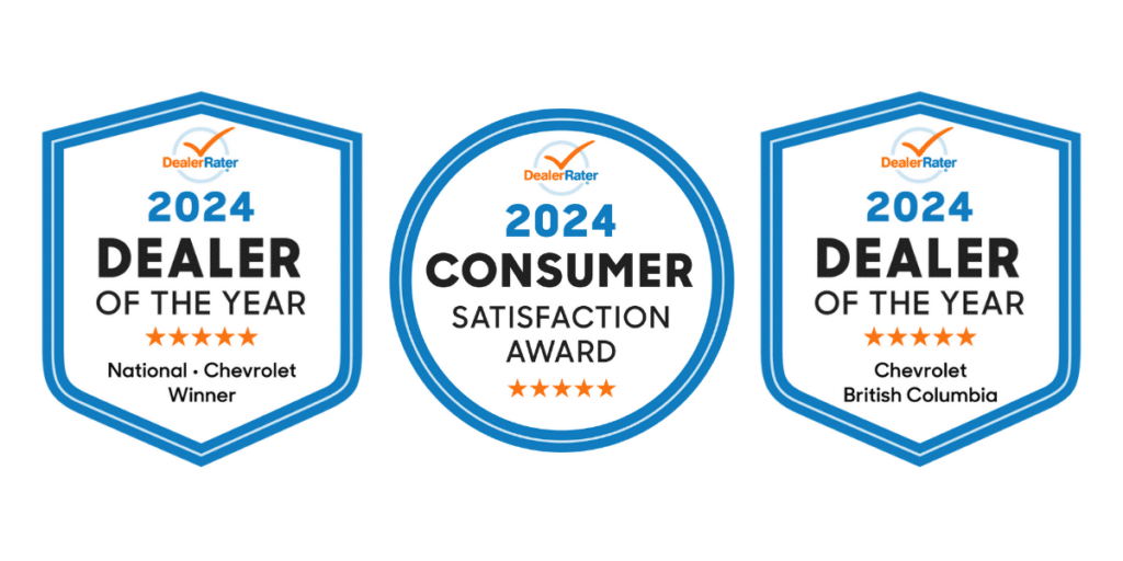 2024 Dealer of the Year awards from DealerRater, highlighting a national Chevrolet winner and a Chevrolet winner for British Columbia, along with a 2024 Consumer Satisfaction Award.