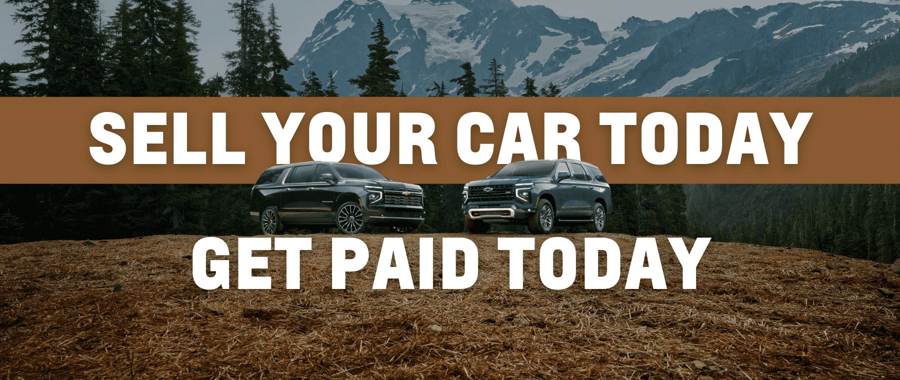 Two SUVs parked in a scenic mountainous area with text overlay promoting a car selling service. The message emphasizes selling your car today and receiving payment immediately.