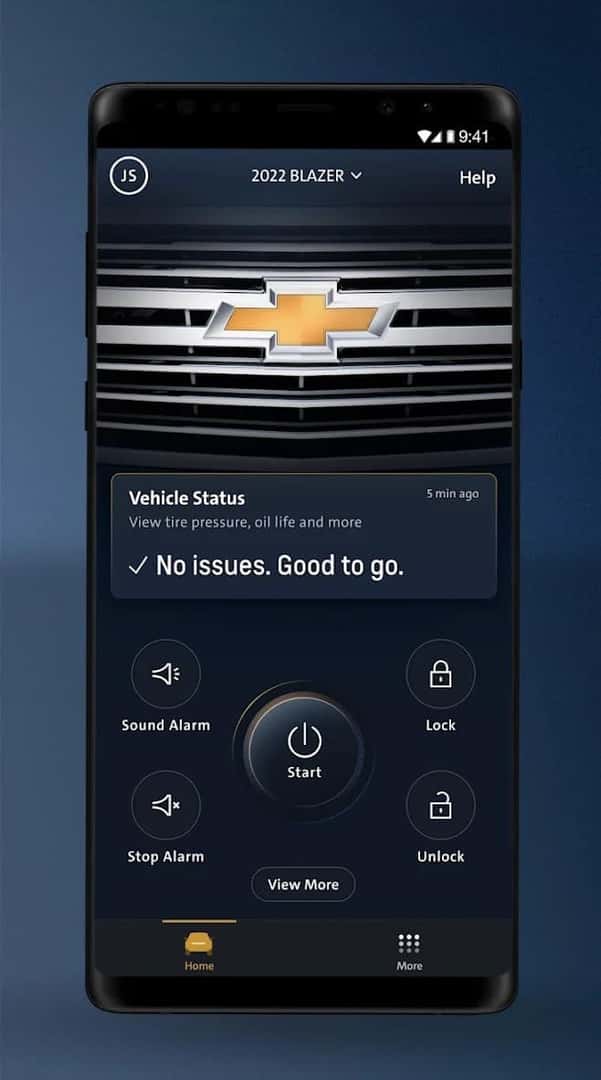 Screenshot of the Chevrolet app for the 2022 Blazer, displaying vehicle status showing no issues, with options to start the vehicle, sound or stop the alarm, lock and unlock doors, and access more features.