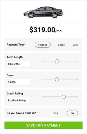 Car leasing and financing calculator displaying a monthly payment of $319.00, with options for payment type, term length, down payment, credit rating, and trade-in status.