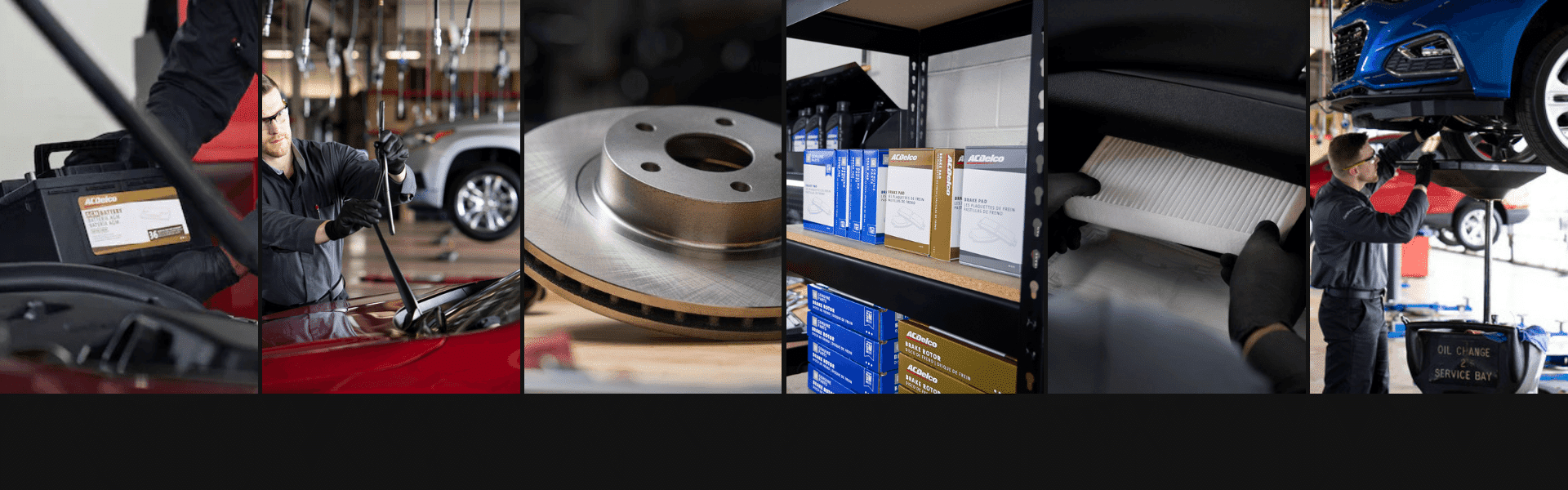 An automotive technician performing maintenance tasks, including battery installation, brake inspection, and oil changes, in a well-equipped service bay, showcasing various auto parts and tools for vehicle care.