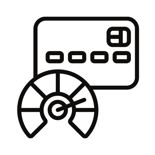 Icon depicting a credit card alongside a speedometer, representing financial transactions and performance metrics in e-commerce or online payments.