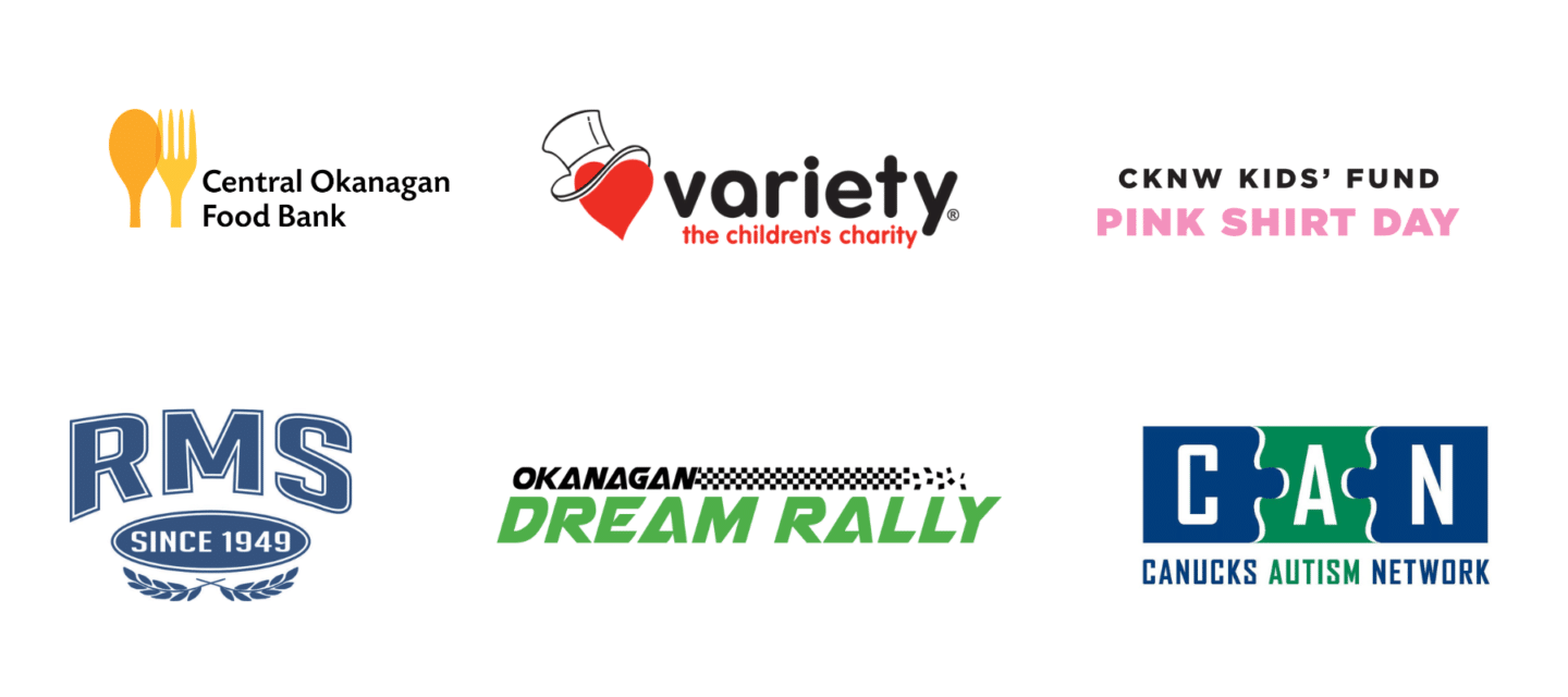 Logos of community organizations including Central Okanagan Food Bank, Variety - The Children's Charity, CKMW Kids' Fund Pink Shirt Day, RMS since 1949, Okanagan Dream Rally, and Canucks Autism Network, representing local support and initiatives.