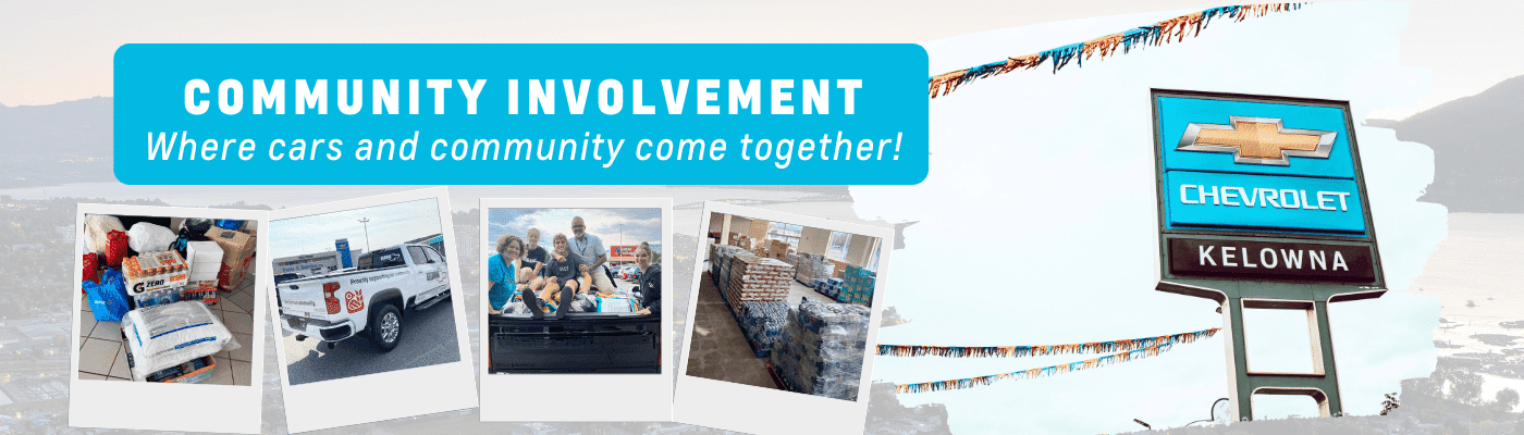 Chevrolet Kelowna community involvement banner showcasing collaborative efforts, featuring a Chevrolet sign, community members loading donations, and boxes of supplies for local initiatives.