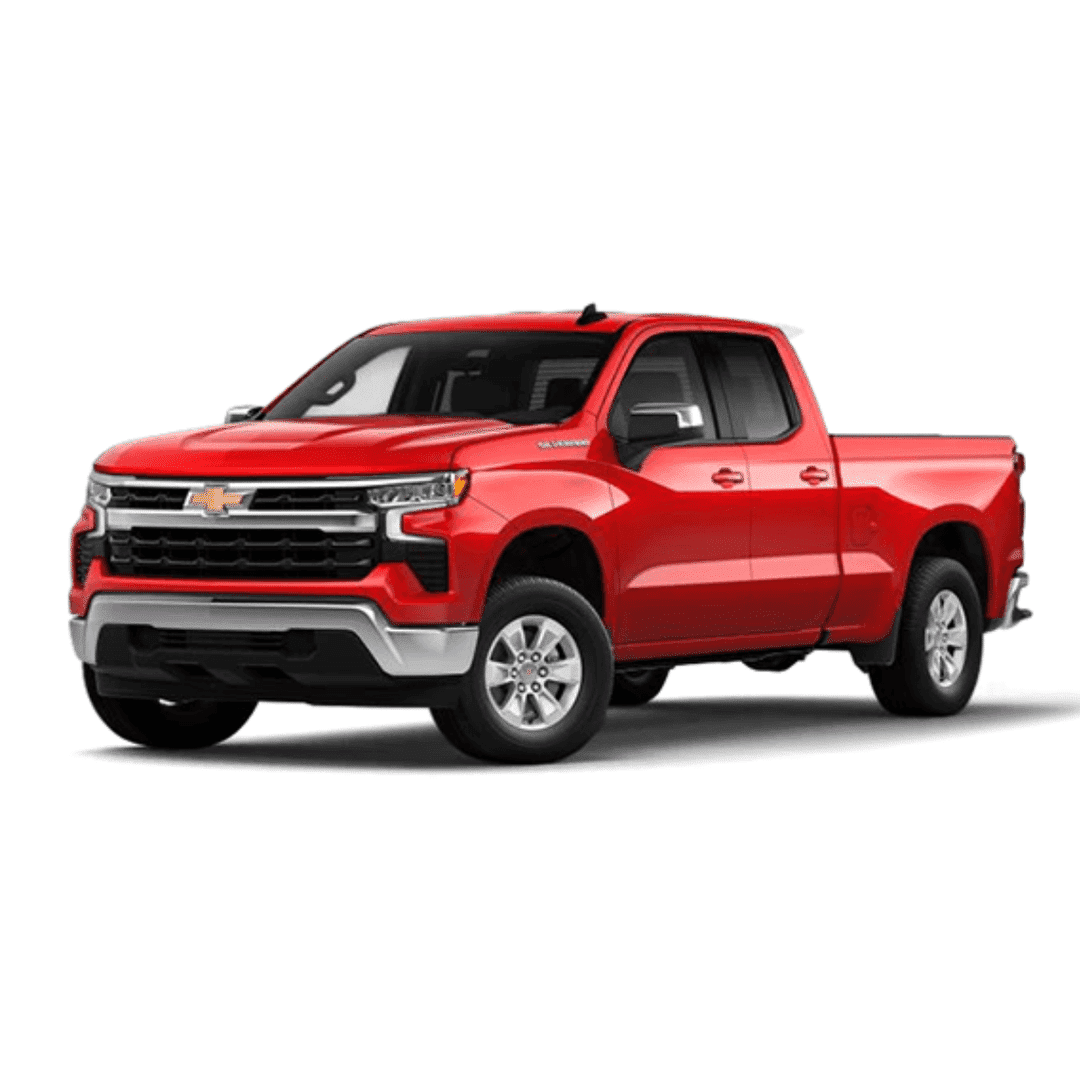 Red Chevrolet Silverado pickup truck showcasing a modern design, featuring a bold front grille, spacious cabin, and robust stance, ideal for both work and leisure activities.