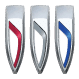 Three sleek metallic emblems featuring red, white, and blue accents, symbolizing performance and elegance in automotive design.