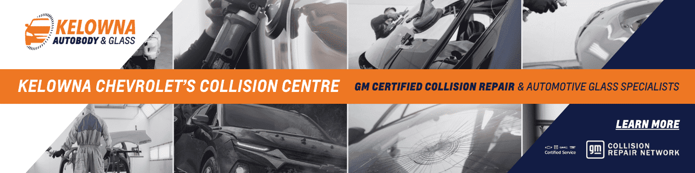 Collage image showcasing Kelowna Chevrolet's Collision Centre, highlighting GM certified collision repair and automotive glass services, with visuals of technicians working on vehicles and damaged auto glass.