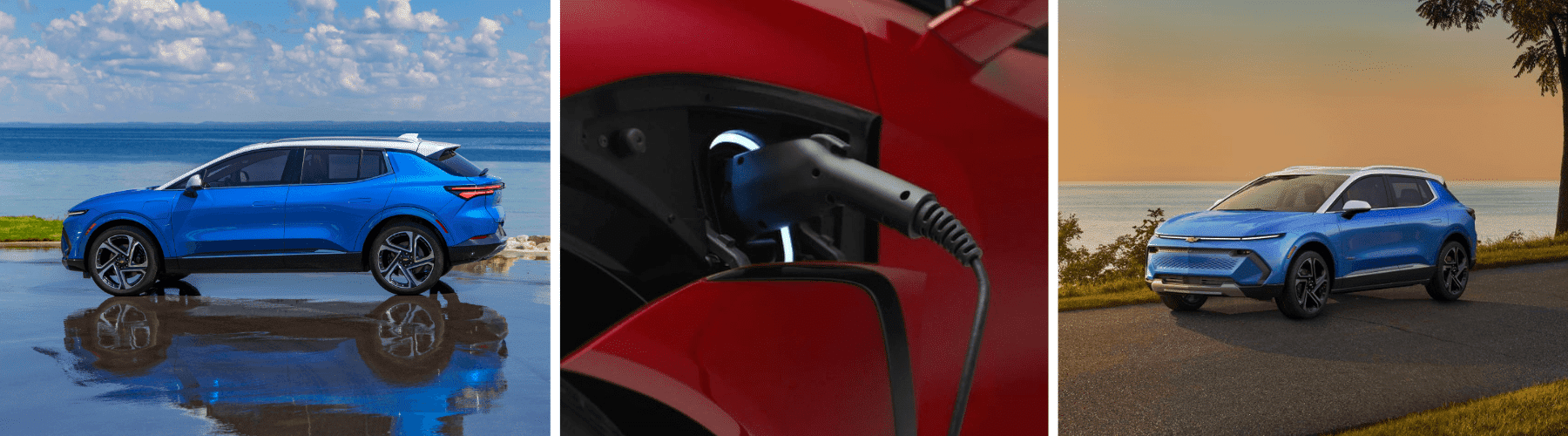Images of a blue electric SUV parked by the water, a close-up of a charging station for electric vehicles, and the blue SUV driving along a scenic road at sunset, showcasing modern design and sustainability features.