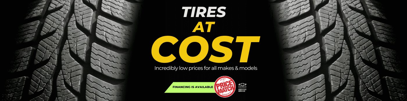 Close-up image of tire treads with bold text promoting incredibly low prices on tires for all makes and models, highlighting financing options and a price match guarantee.