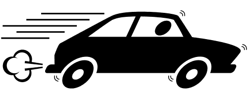 Black silhouette of a speeding car with motion lines and exhaust smoke, symbolizing speed and movement.