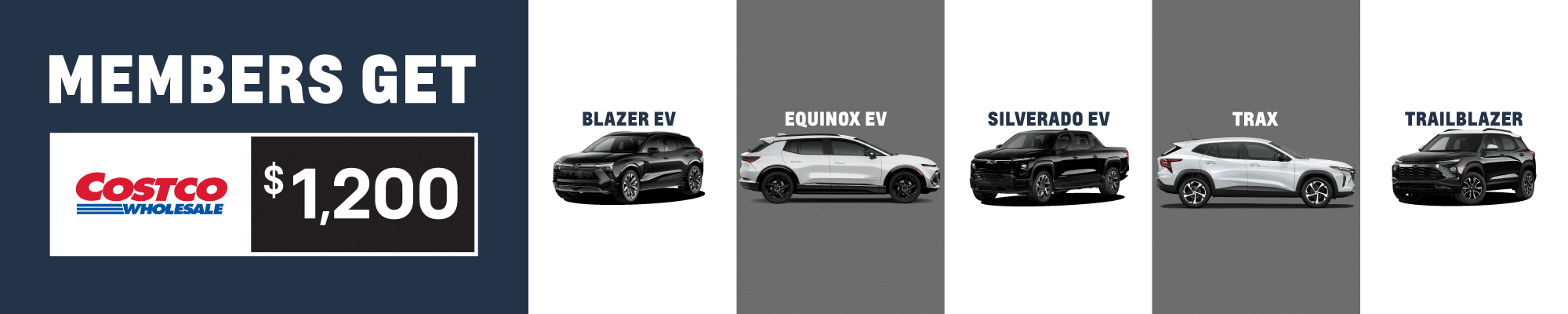 Alt text: Promotional image showcasing Chevrolet electric vehicles available for Costco members, featuring the Blazer EV, Equinox EV, Silverado EV, Trax, and Trailblazer, with a $1,200 savings offer.