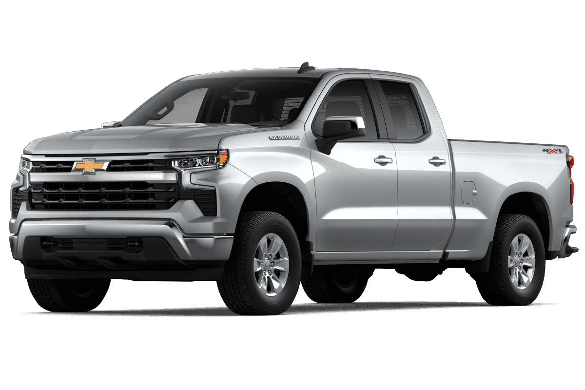 Silver Chevrolet Silverado pickup truck showcasing a modern design with a sleek front grille and prominent headlights, featuring a spacious double cab for enhanced comfort and utility. Ideal for both work and recreation, equipped with four-wheel drive for improved off-road performance.