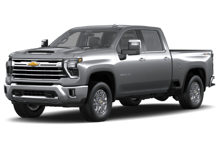 Silver Chevrolet Silverado HD 2500 truck with a crew cab and distinctive front grille, showcasing off-road capabilities and modern design features.