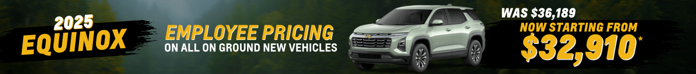 2025 Chevrolet Equinox advertisement highlighting employee pricing on new vehicles, featuring a special offer with the original price of $36,189 now starting from $32,910.