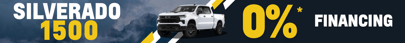 Promotional banner for Chevrolet Silverado 1500 featuring the truck's image and text highlighting 0% financing offer.