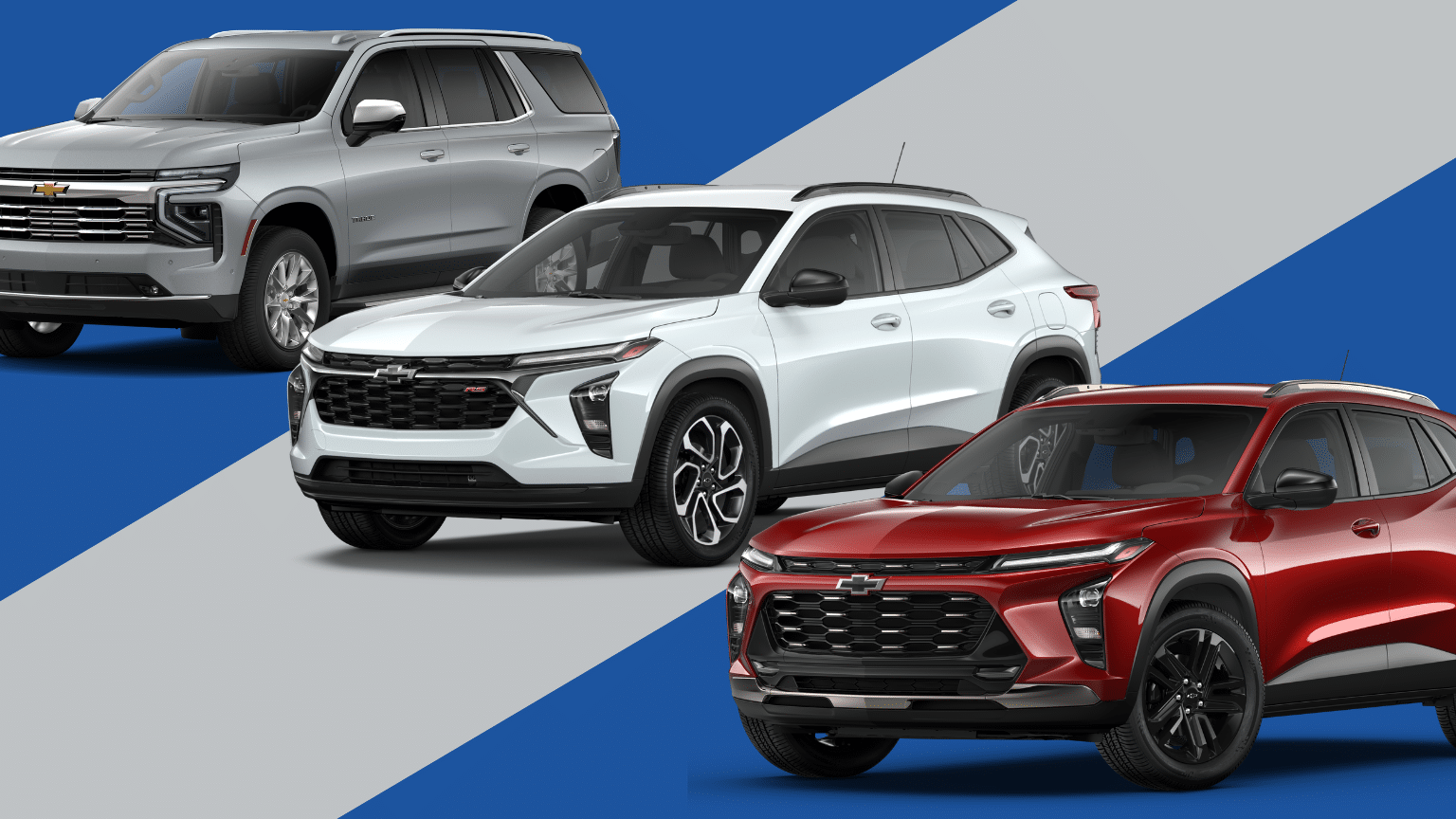 Three Chevrolet SUVs showcased on a blue and gray background: a silver full-size SUV, a white compact SUV with sporty design accents, and a red compact SUV with a bold front grille.