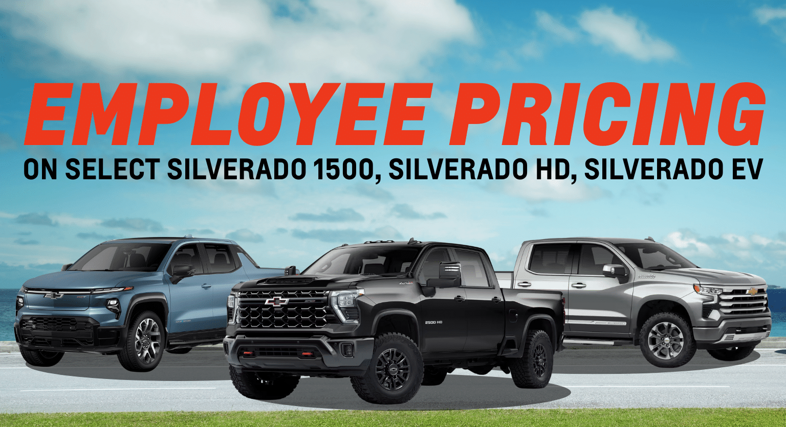 Employee pricing on select Silverado 1500, Silverado HD, and Silverado EV models shown with sky background.