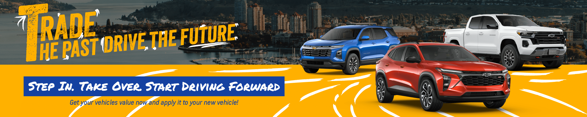 Alt text: "Banner promoting Kelowna Chevrolet's vehicle trade-in program, featuring multiple car images, highlighting cash or trade rewards, hassle-free exchange, quick process, and no purchase obligation."