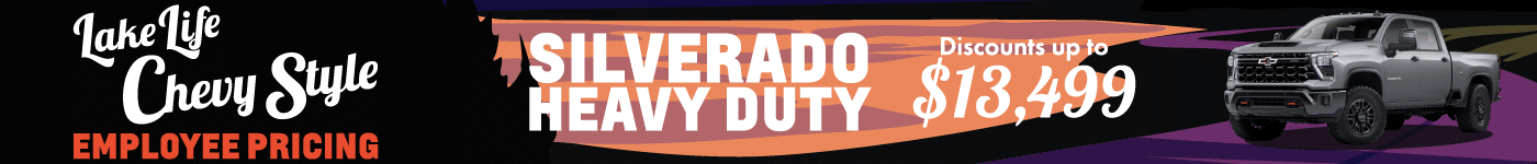 Promotional banner for Chevrolet Silverado 1500 featuring the truck's image and text highlighting 0% financing offer.